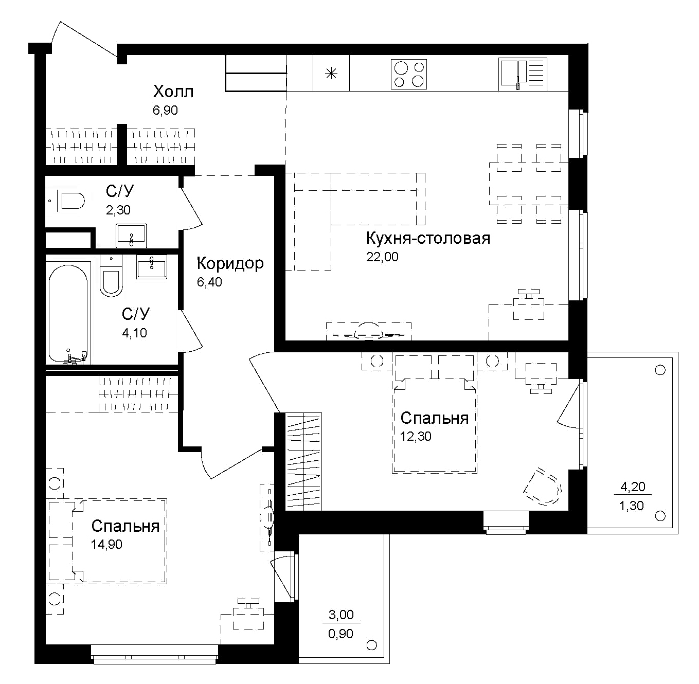 Планировка — Эко квартал Новая Дубровка, 2-комн., 69 м²