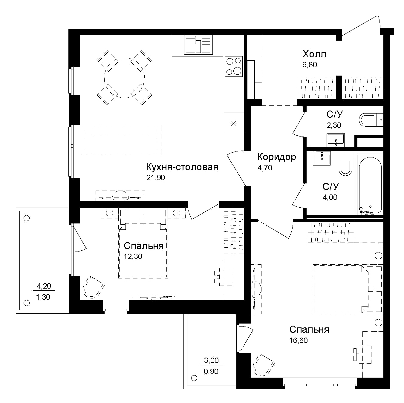 Планировка — Эко квартал Новая Дубровка, 2-комн., 69 м²