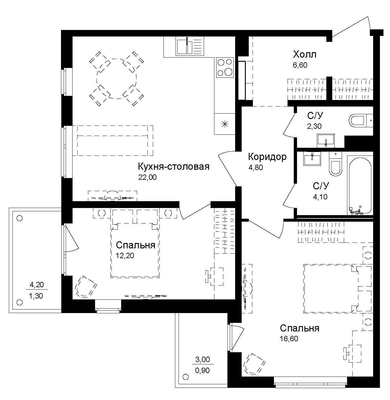 Планировка — Эко квартал Новая Дубровка, 2-комн., 69 м²
