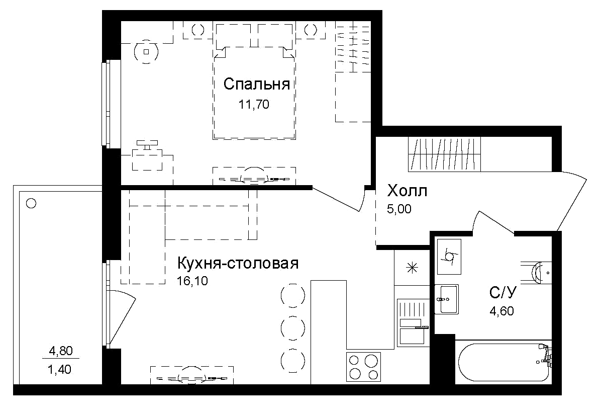 Планировка — Эко квартал Новая Дубровка, 1-комн., 37 м²