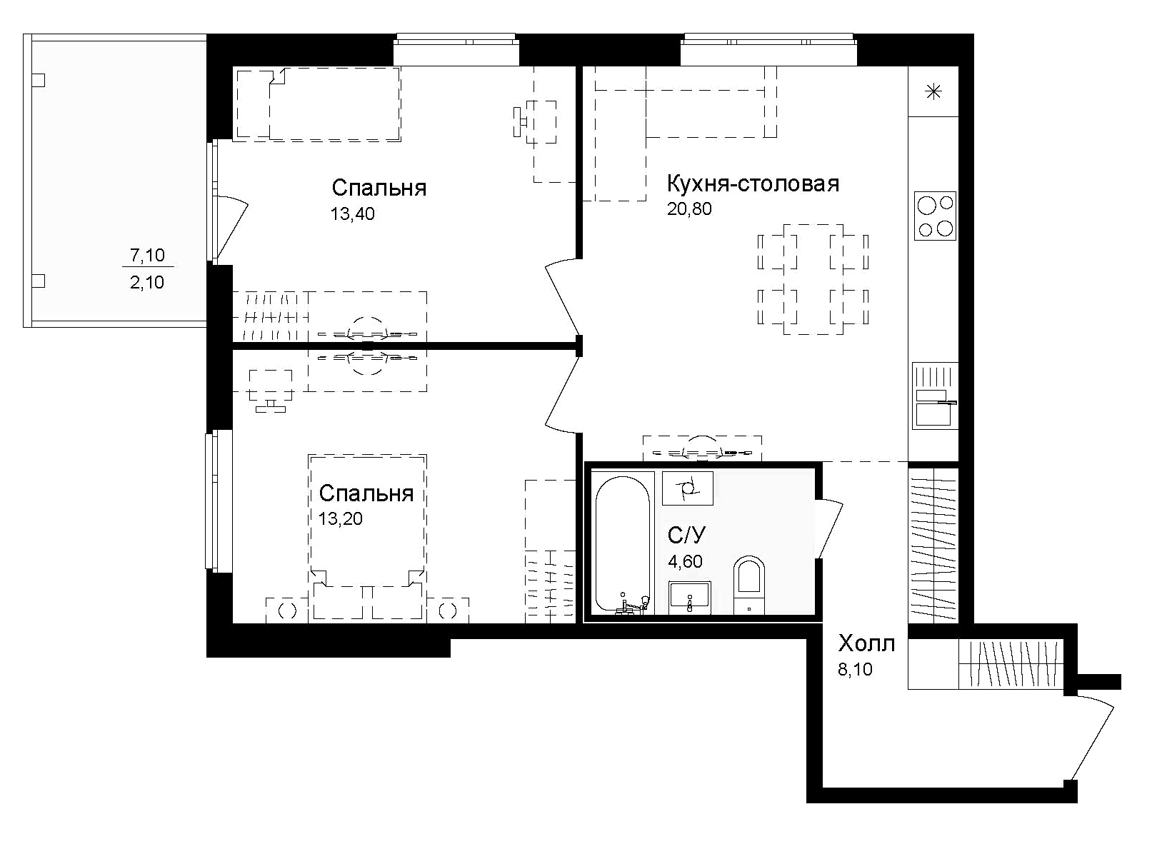 Планировка — Эко квартал Новая Дубровка, 2-комн., 60 м²