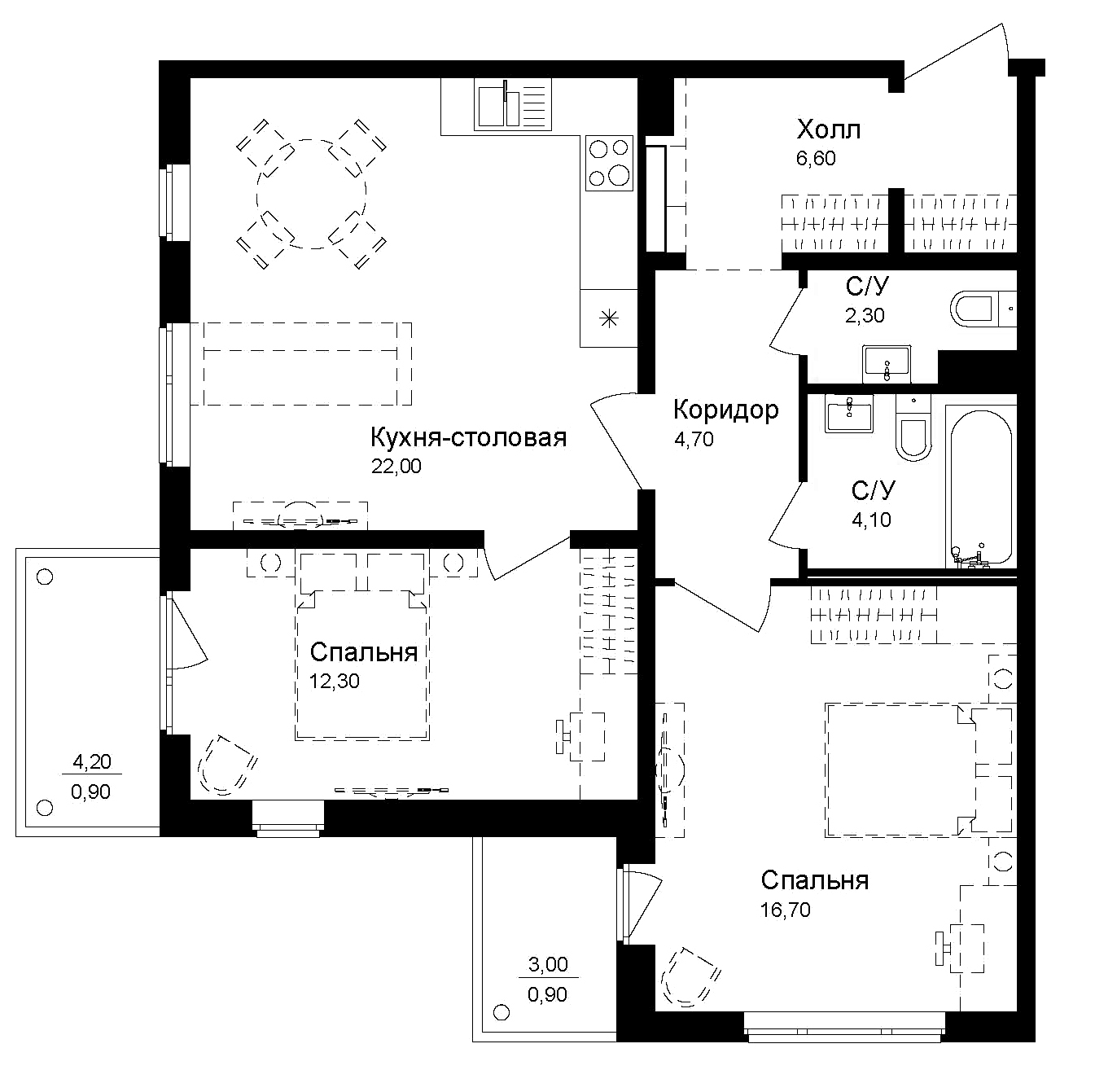 Планировка — Эко квартал Новая Дубровка, 2-комн., 69 м²