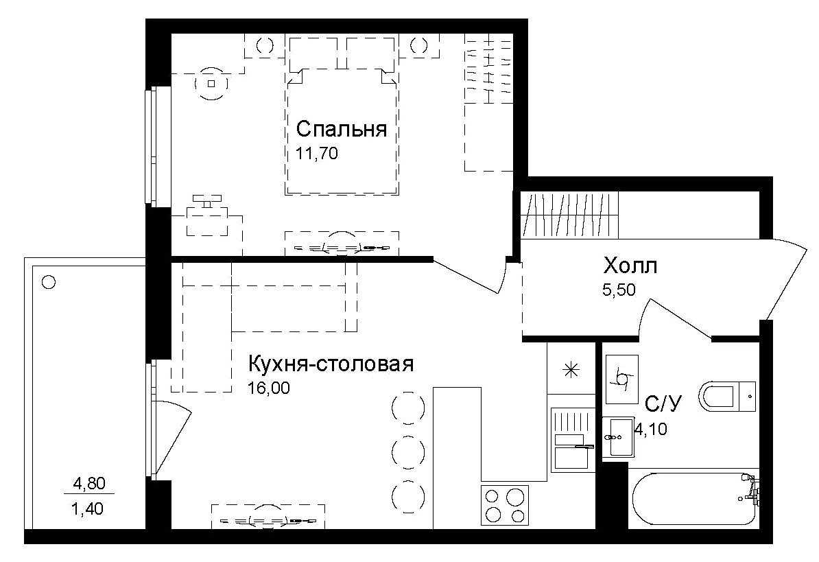 Планировка — Эко квартал Новая Дубровка, 1-комн., 37 м²