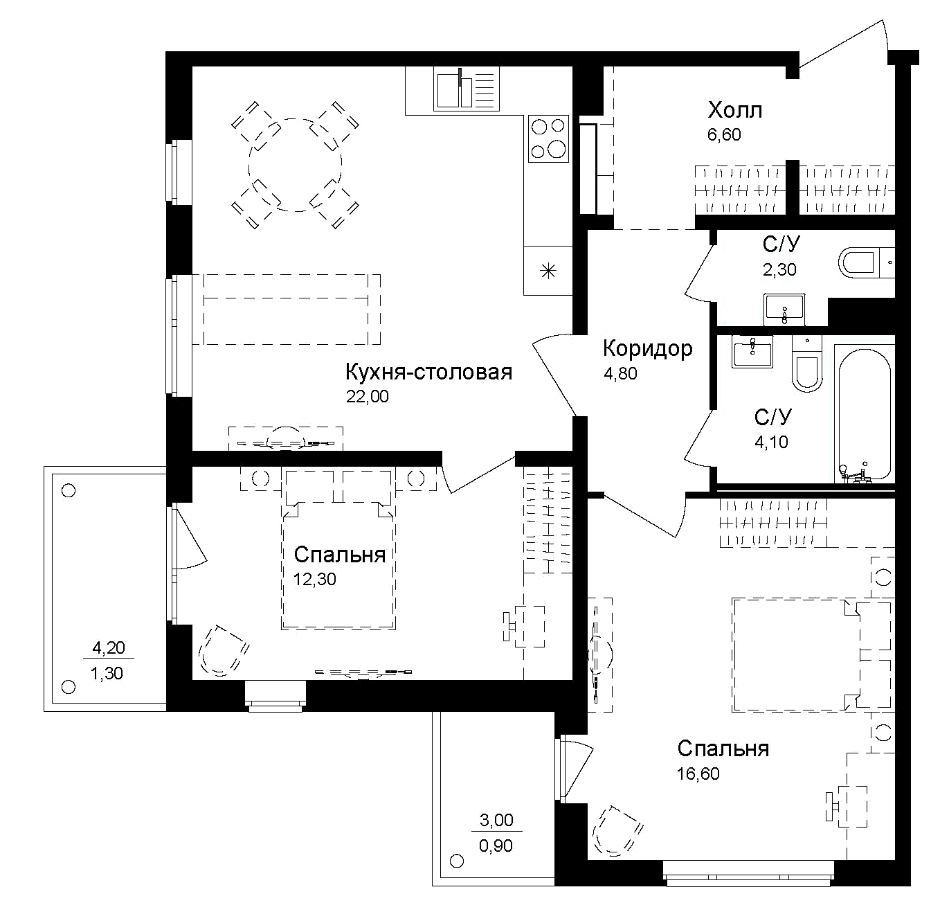 Планировка — Эко квартал Новая Дубровка, 2-комн., 69 м²