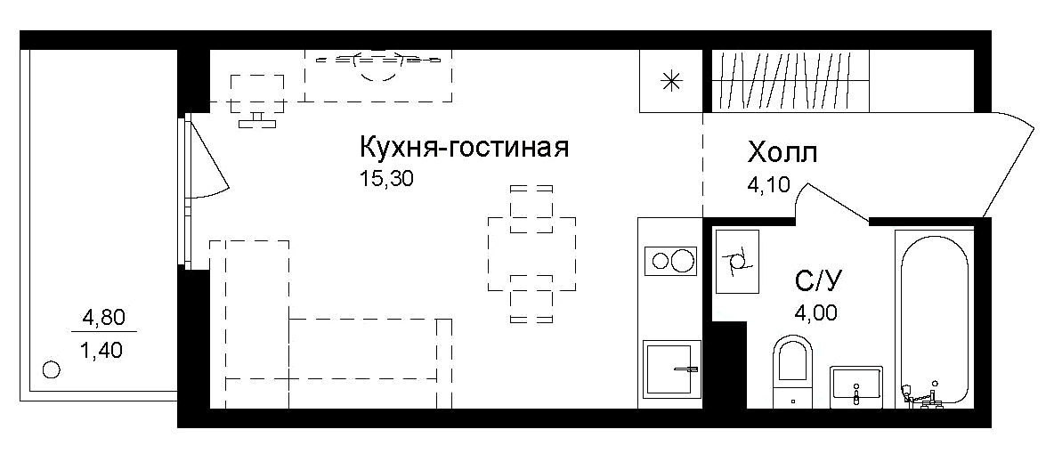 Планировка — Эко квартал Новая Дубровка, Студия, 23 м²