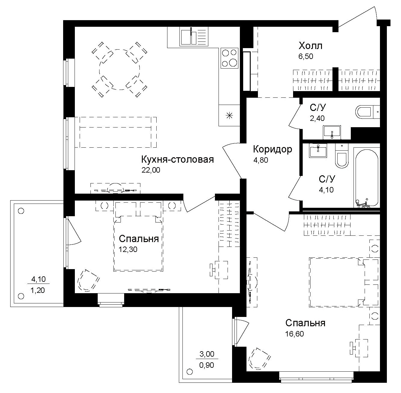 Планировка — Эко квартал Новая Дубровка, 2-комн., 69 м²