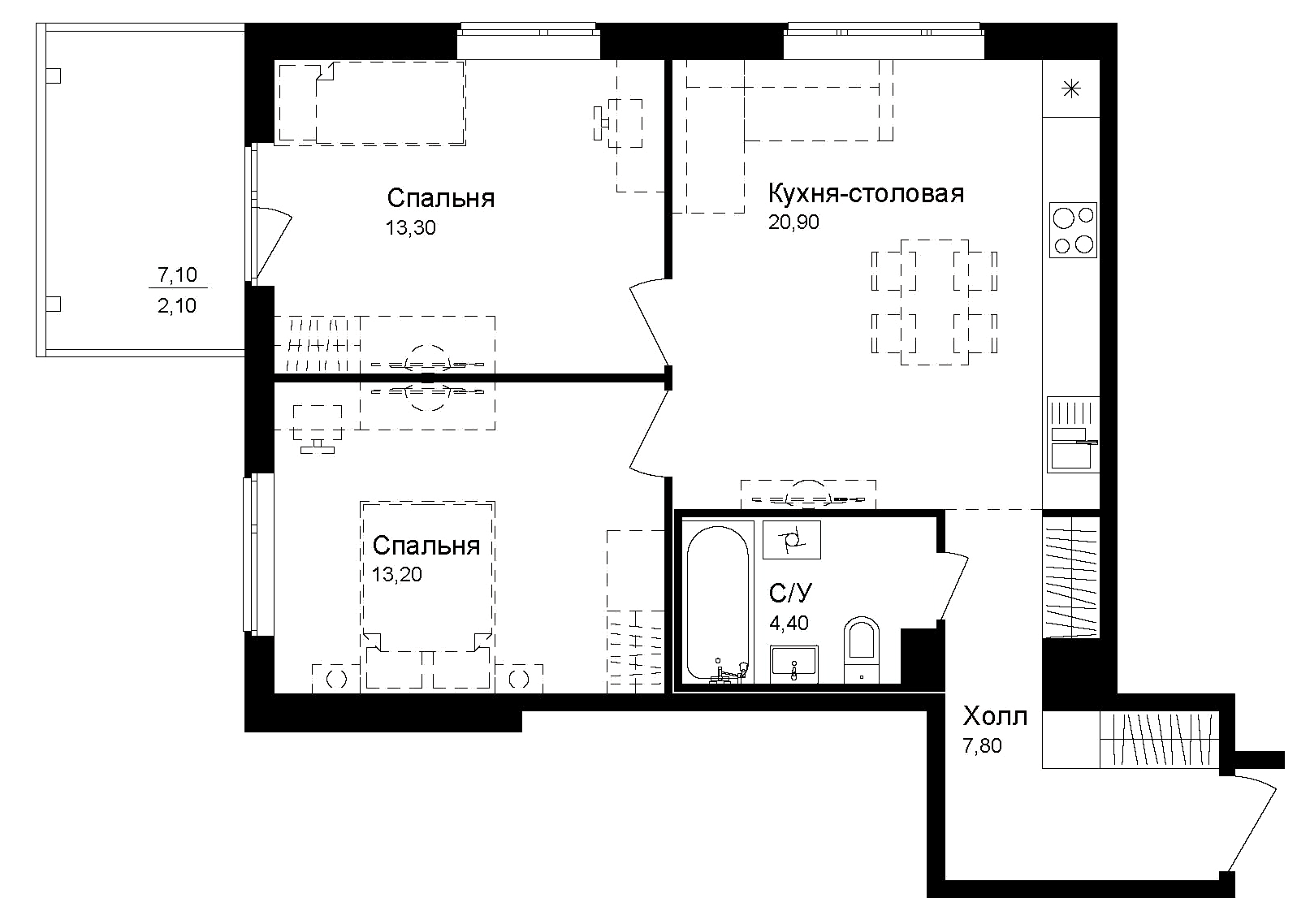 Планировка — Эко квартал Новая Дубровка, 2-комн., 60 м²