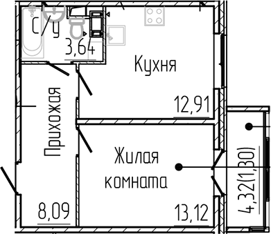 Планировка — SERTOLOVO PARK, 1-комн., 38 м²