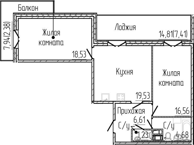 Планировка — SERTOLOVO PARK, 3-комн., 67 м²