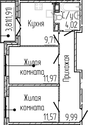 Планировка — SERTOLOVO PARK, 2-комн., 47 м²