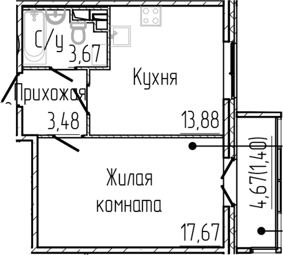 Планировка — SERTOLOVO PARK, 1-комн., 39 м²