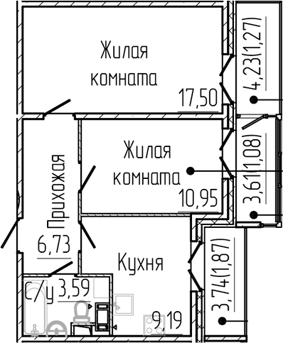 Планировка — SERTOLOVO PARK, 2-комн., 48 м²
