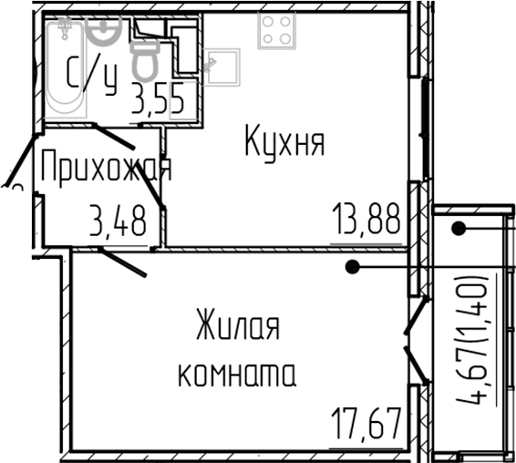 Планировка — SERTOLOVO PARK, 1-комн., 39 м²