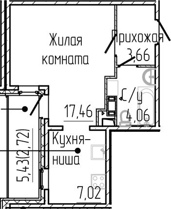 Планировка — SERTOLOVO PARK, Студия, 32 м²