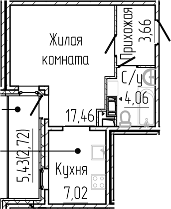 Планировка — SERTOLOVO PARK, Студия, 32 м²