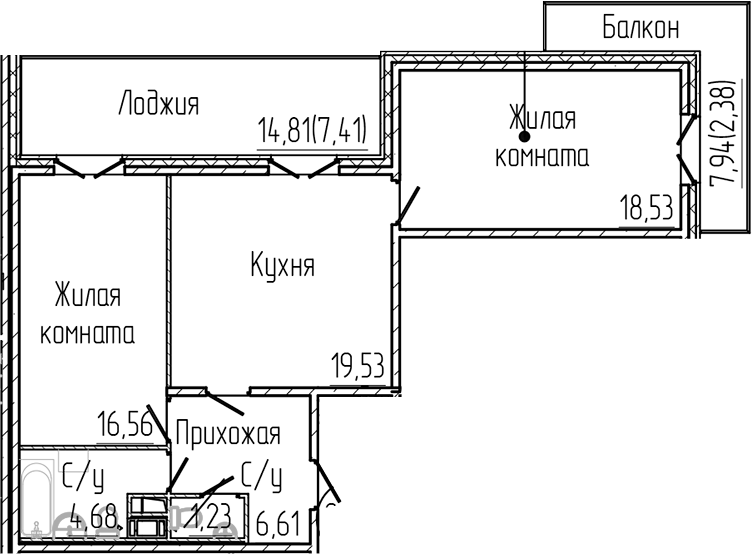 Планировка — SERTOLOVO PARK, 3-комн., 67 м²