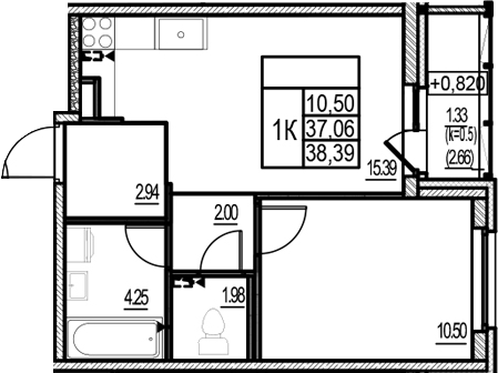 Планировка — ID Murino III, 2-комн., 37 м²