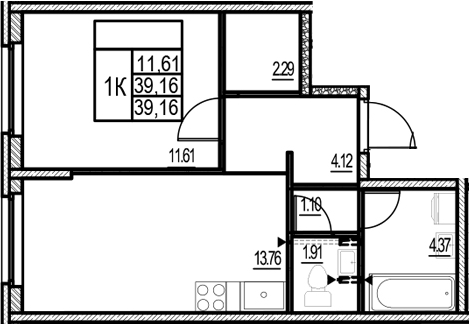 Планировка — ID Murino III, 2-комн., 39 м²