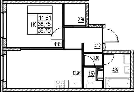Планировка — ID Murino III, 2-комн., 39 м²