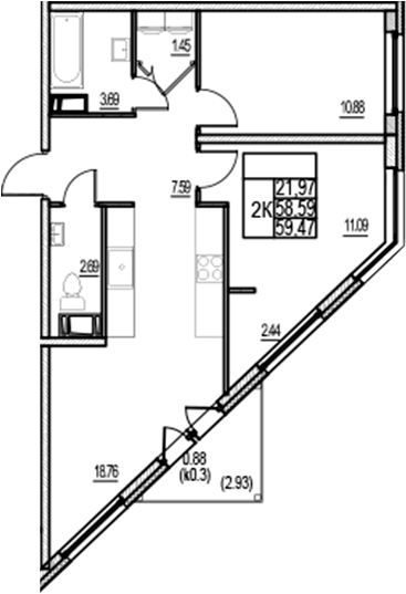 Планировка — ID Murino III, 3-комн., 59 м²