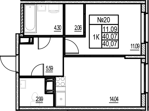 Планировка — ID Murino III, 2-комн., 40 м²