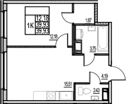 Планировка — ID Murino III, 2-комн., 40 м²