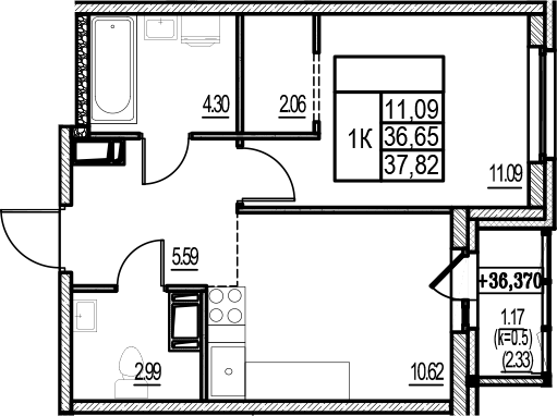 Планировка — ID Murino III, 1-комн., 37 м²