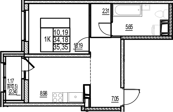 Планировка — ID Murino III, 1-комн., 34 м²