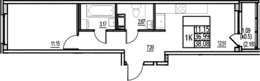 Планировка — ID Murino III, 2-комн., 37 м²