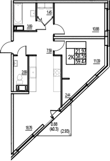Планировка — ID Murino III, 3-комн., 59 м²