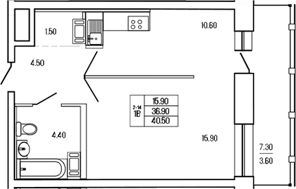 Планировка — Экос, 1-комн., 38 м²