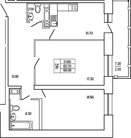 Планировка — Экос, 2-комн., 65 м²