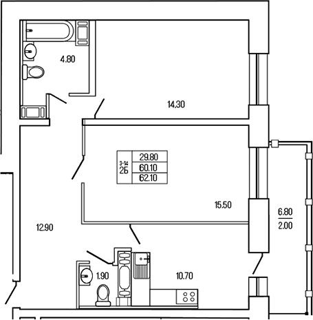 Планировка — Экос, 2-комн., 62 м²