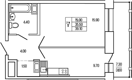 Планировка — Экос, 1-комн., 36 м²