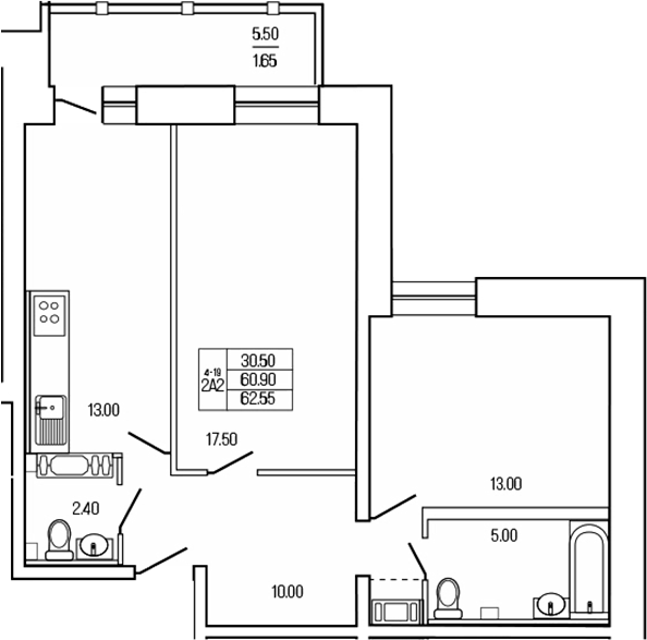 Планировка — Экос, 2-комн., 61 м²