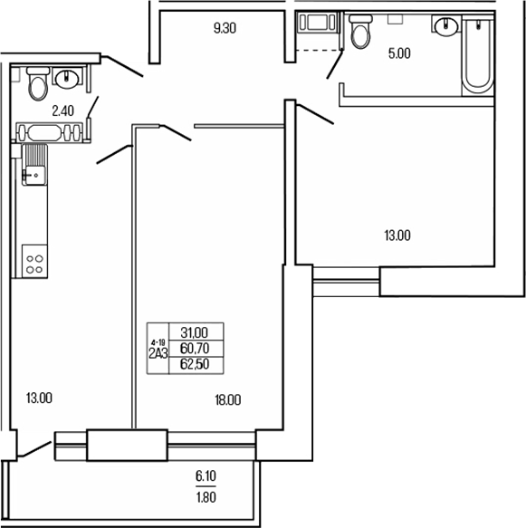 Планировка — Экос, 2-комн., 61 м²