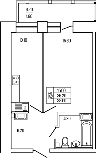 Планировка — Экос, 1-комн., 36 м²