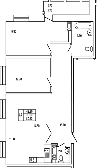 Планировка — Экос, 3-комн., 79 м²