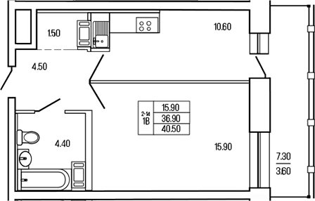 Планировка — Экос, 1-комн., 37 м²
