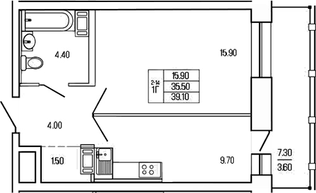 Планировка — Экос, 1-комн., 36 м²