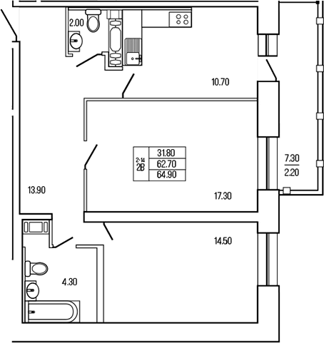 Планировка — Экос, 2-комн., 65 м²