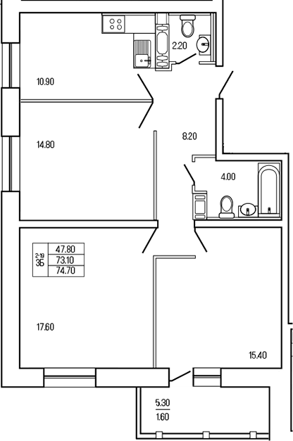 Планировка — Экос, 3-комн., 73 м²
