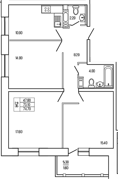 Планировка — Экос, 3-комн., 73 м²