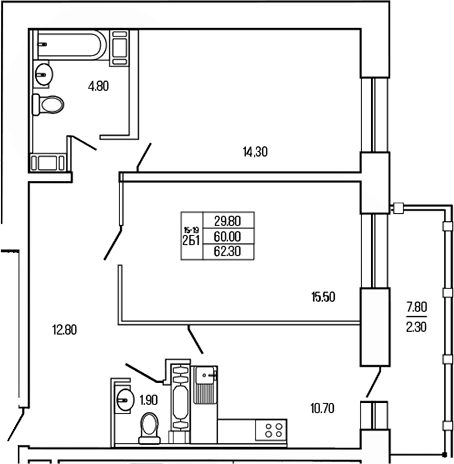 Планировка — Экос, 2-комн., 62 м²
