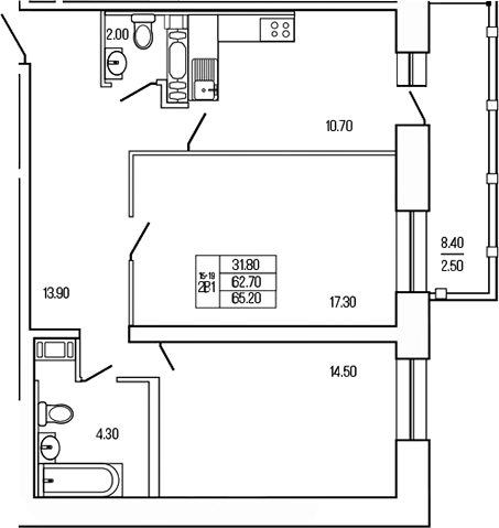 Планировка — Экос, 2-комн., 65 м²