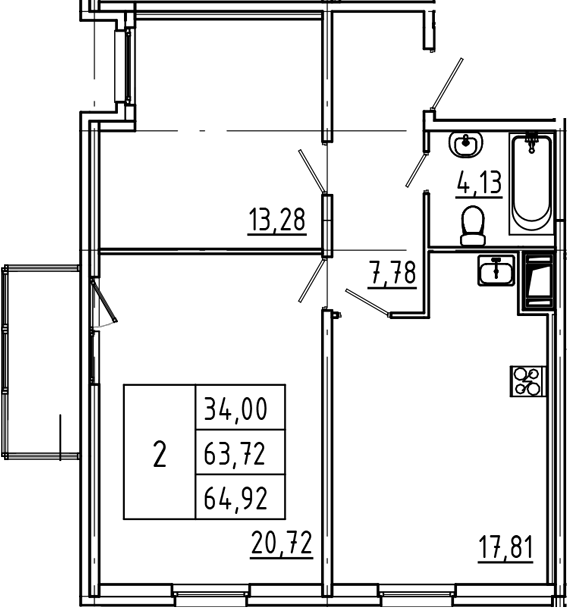 Планировка — Belevsky Club, 3-комн., 64 м²
