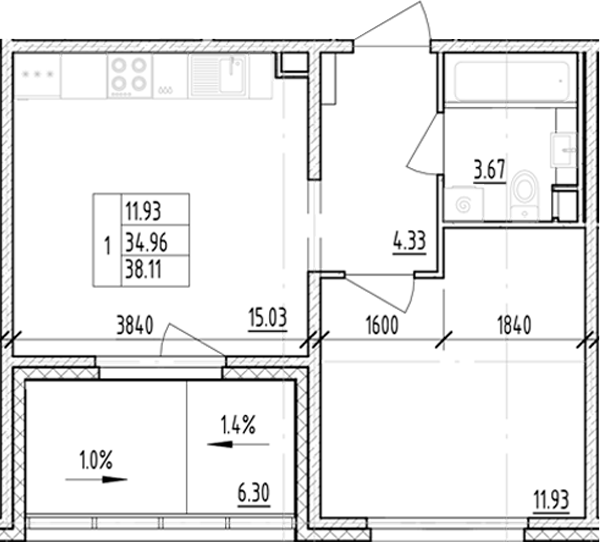 Планировка — ЛесART, 1-комн., 35 м²