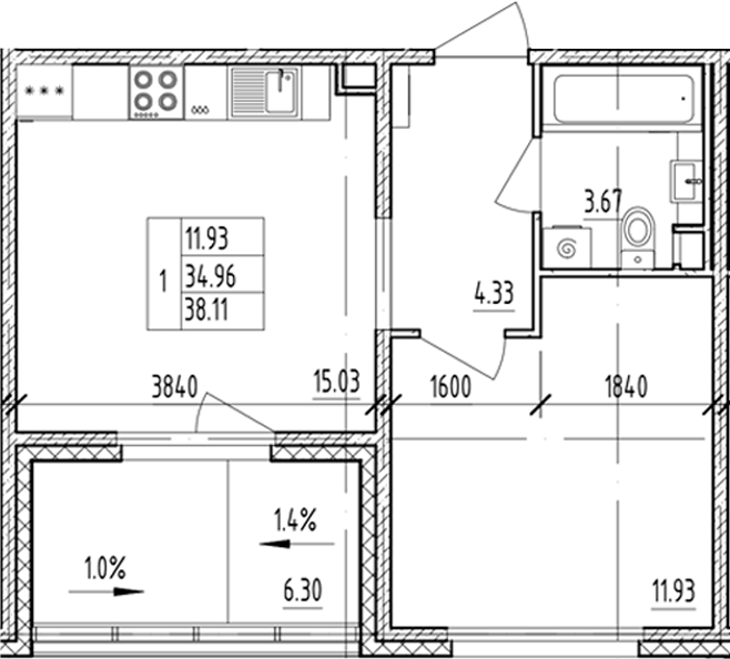 Планировка — ЛесART, 1-комн., 35 м²
