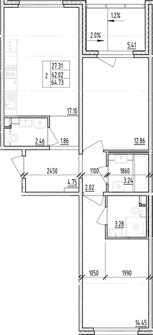 Планировка — ЛесART, 2-комн., 62 м²