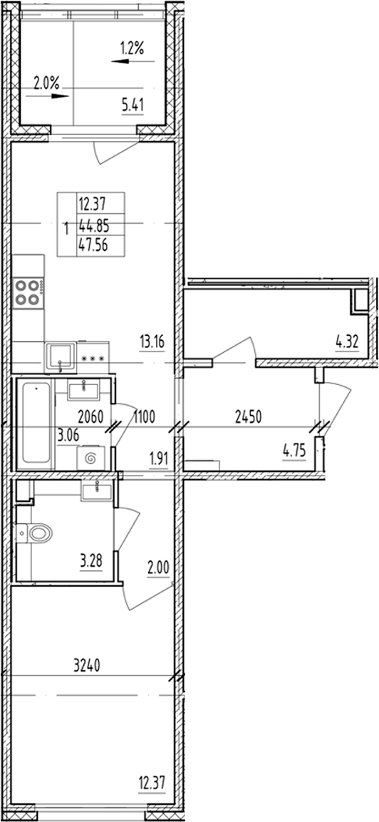 Планировка — ЛесART, 1-комн., 45 м²